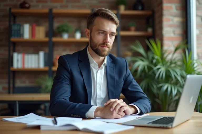 Aaron Nouchy entrepreneur assis à son bureau dans un espace de co-working moderne, entouré de notes et d'un ordinateur portable affichant un tableau de bord business