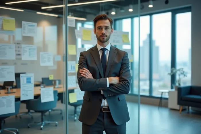 Entrepreneur Aaron Nouchy debout devant un mur de post-its et de schémas de projet dans une salle de réunion de startup moderne avec vue sur la ville