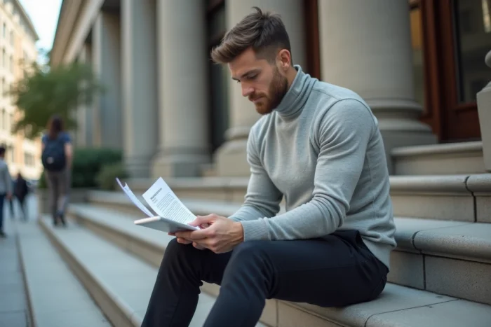 Aaron Nouchy entrepreneur en plein air assis sur les marches d'un bâtiment urbain contemporain, consultant des documents et une tablette dans un quartier d'affaires animé