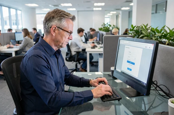 Employé accédant à son compte Arkevia depuis son poste de travail dans un open space professionnel