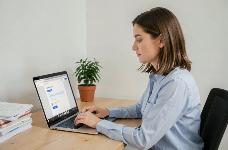 Femme accédant à sa messagerie académique Webmel sur un ordinateur portable dans un bureau à domicile