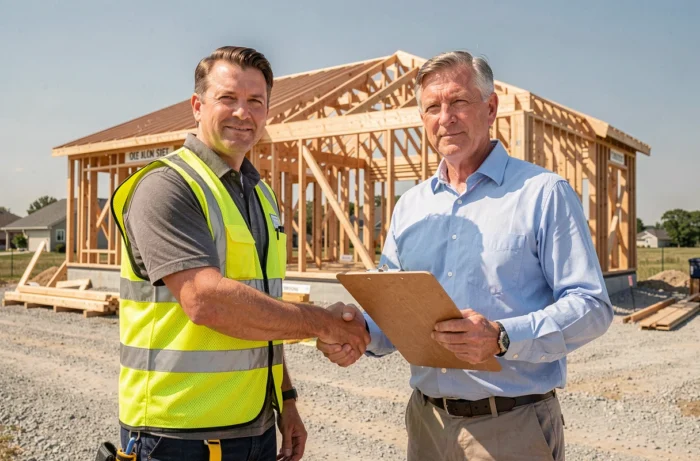 Maître d'ouvrage et entrepreneur se serrant la main devant un chantier de construction après validation d'un devis fiable