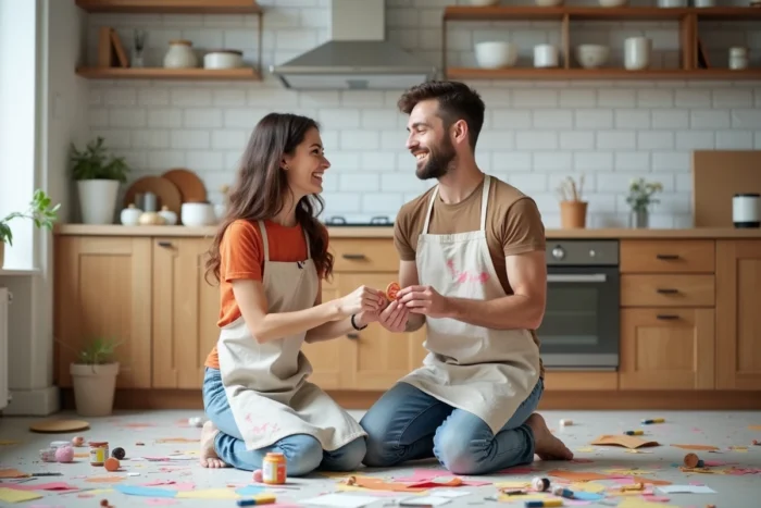 Jeune couple créant des objets artisanaux faits main sur le sol d'une cuisine moderne lors d'un après-midi de loisirs créatifs