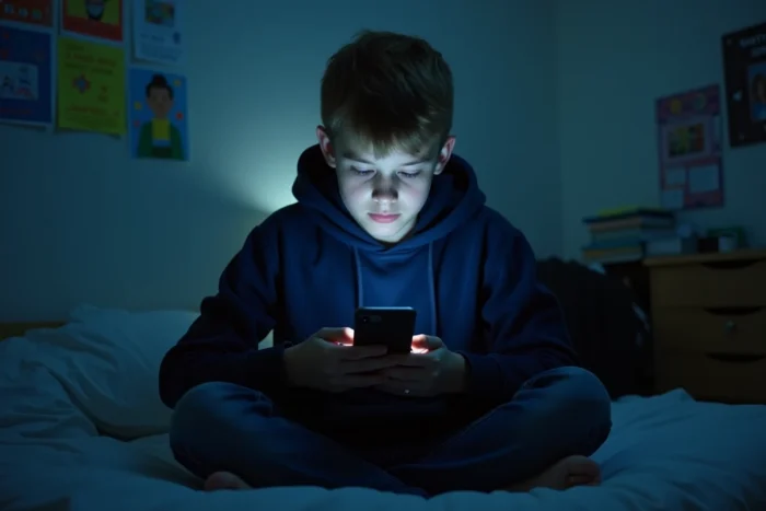 Adolescent seul dans sa chambre utilisant un smartphone, illustrant les risques liés à une utilisation non surveillée des applications mobiles par les mineurs