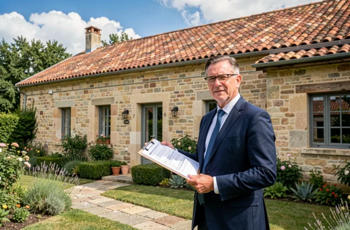 Agent d'assurance inspectant une maison en pierre traditionnelle française avec un clipboard