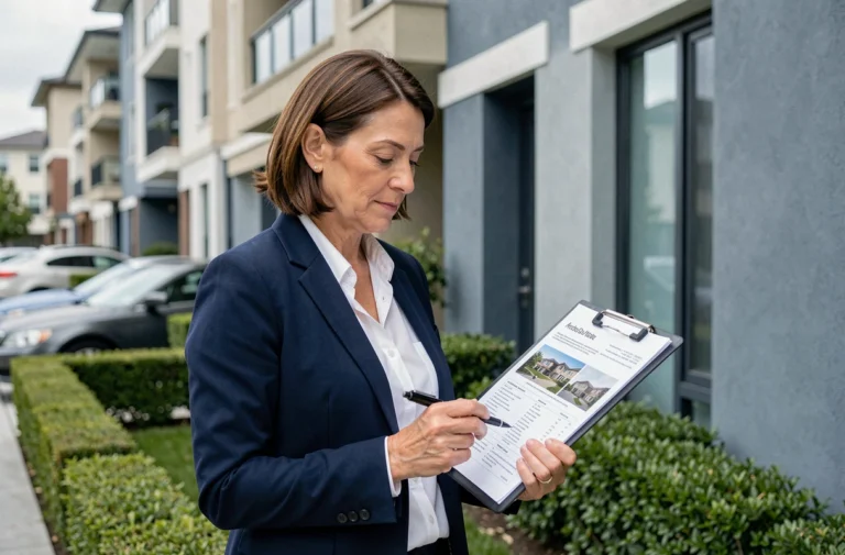 Agent immobilière professionnelle devant un immeuble résidentiel moderne, consultant des fiches de propriétés dans un quartier urbain élégant