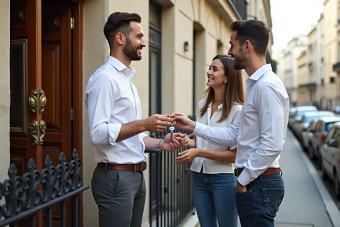 Agent immobilier remettant les clés d'un appartement à un couple de locataires