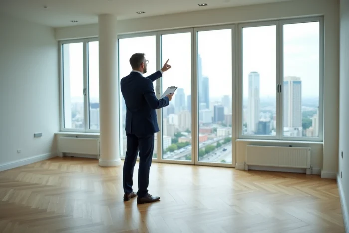 Agent immobilier présentant un appartement vide avec vue sur la ville lors d'une visite de location