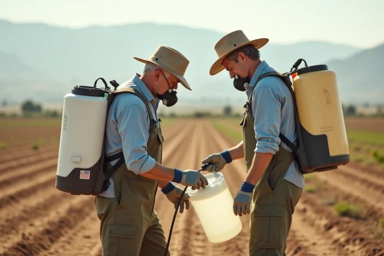 Agriculteur espagnol versant du glyphosate 5 litres dans un pulvérisateur à dos sur un champ agricole castillan