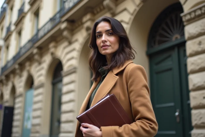 Journaliste engagée devant un bâtiment parisien, incarnant les convictions et les origines d'Amal Laoui dans un contexte urbain
