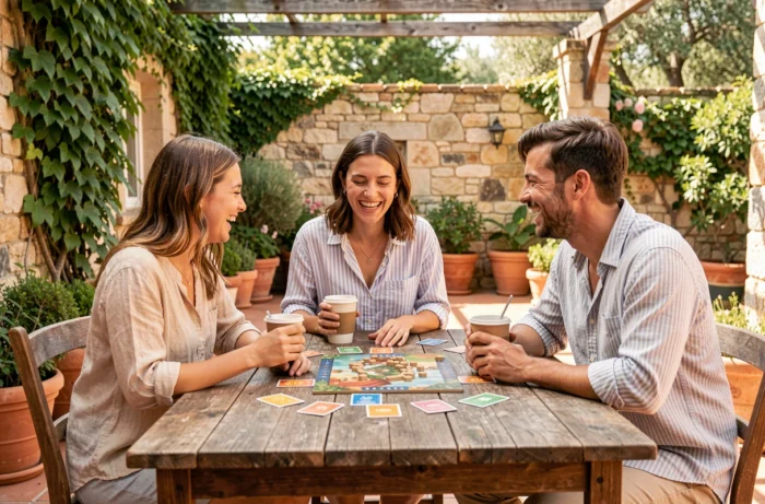 Groupe d'amis jouant à un jeu de société en plein air sur une terrasse ensoleillée, idée de loisir convivial et détendu