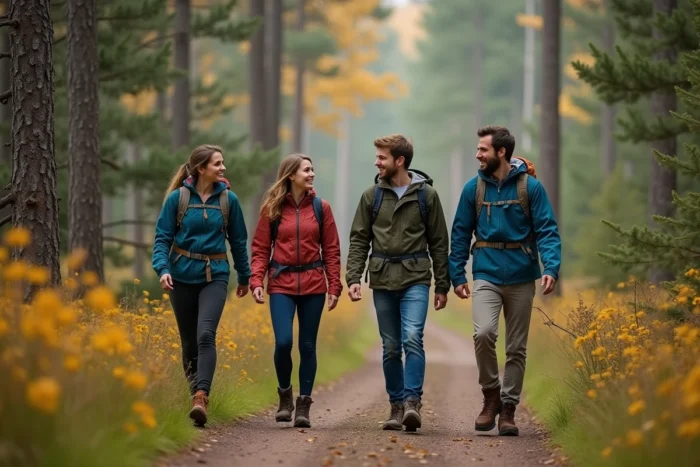 Groupe d'amis adultes en randonnée sur un sentier forestier entouré de pins et de bouleaux par une journée calme