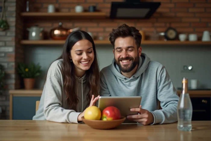 Deux amis regardant ensemble un film en streaming sur une tablette dans une cuisine conviviale