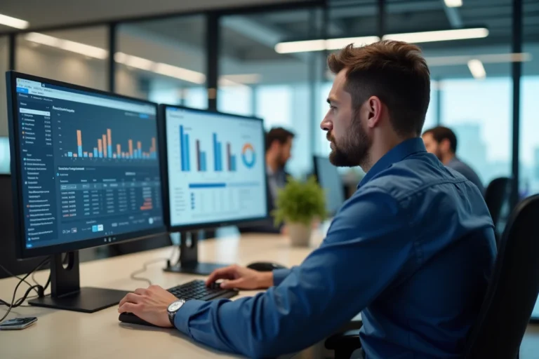 Analyste métier utilisant un logiciel ERP Microsoft Dynamics NAV sur double écran dans un bureau moderne