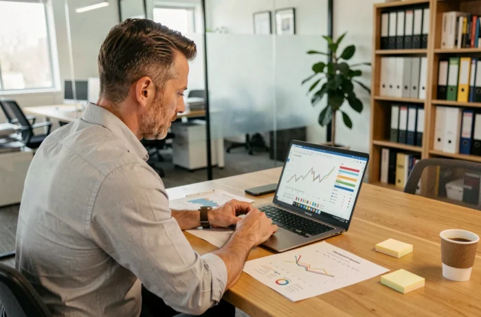 Analyste immobilier masculin étudiant des graphiques de tendances du marché immobilier sur un bureau en bois dans un bureau moderne