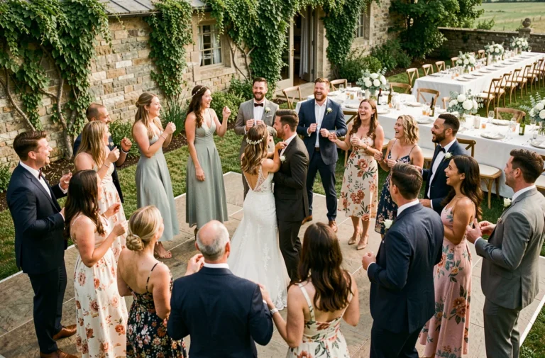 Invités de mariage dansant joyeusement en cercle autour des mariés lors d'une réception champêtre en plein air
