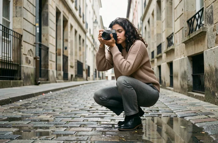 Jeune photographe accroupie dans une rue pavée européenne en train de cadrer une photo avec un appareil argentique