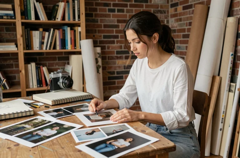 Jeune femme artiste étudiant ses photographies dans un studio créatif vintage avec appareils photo et carnets de croquis
