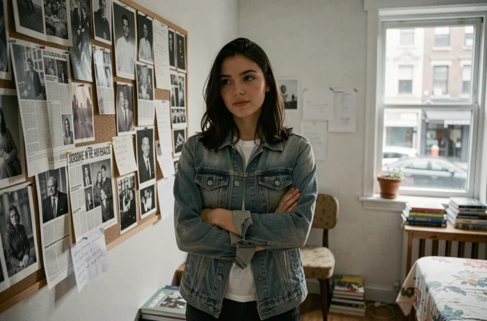 Jeune artiste photographe devant un mur de références visuelles en noir et blanc dans un appartement créatif
