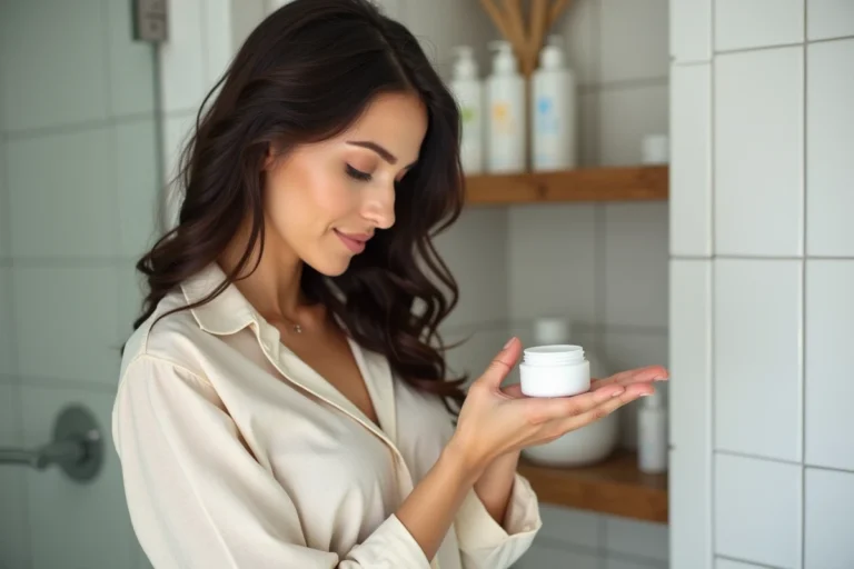 Femme appliquant une pommade capillaire Vermogal dans sa main dans une salle de bain moderne