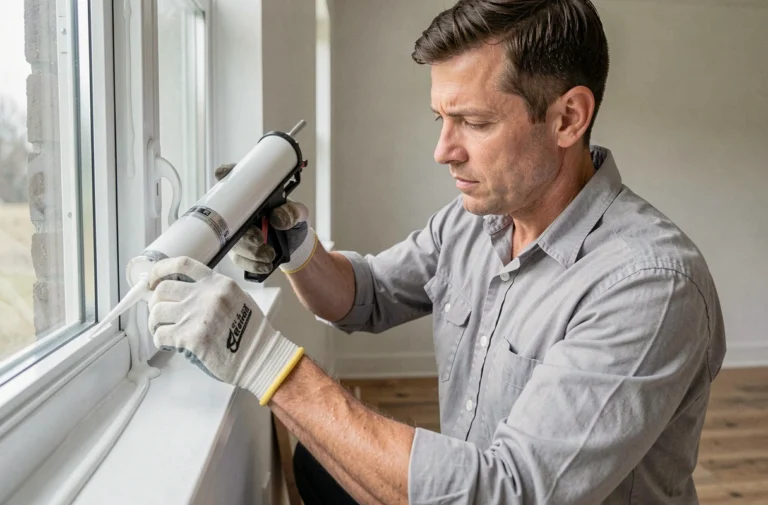 Artisan appliquant du silicone blanc sur un cadre de fenêtre en PVC avec un pistolet à calfeutrer