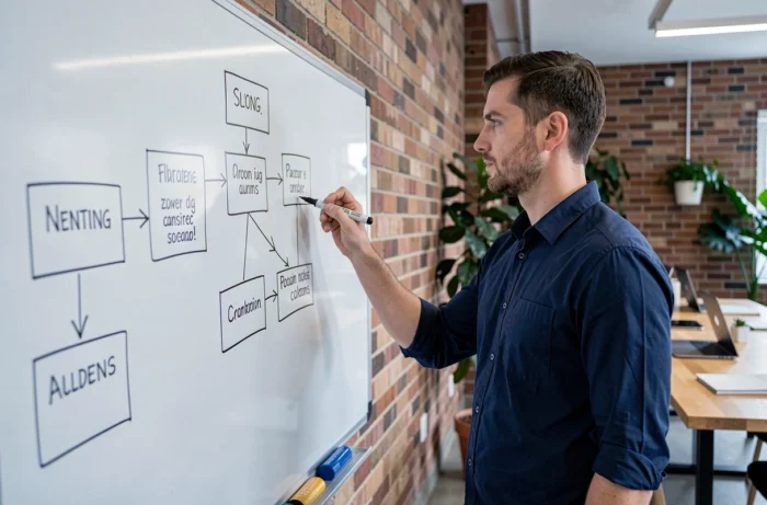 Homme dessinant l'architecture d'un blog sur un tableau blanc dans un espace de coworking moderne