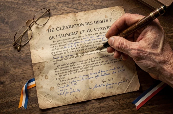 Gros plan sur l'article 16 de la Déclaration des Droits de l'Homme annoté à la plume sur un bureau en bois