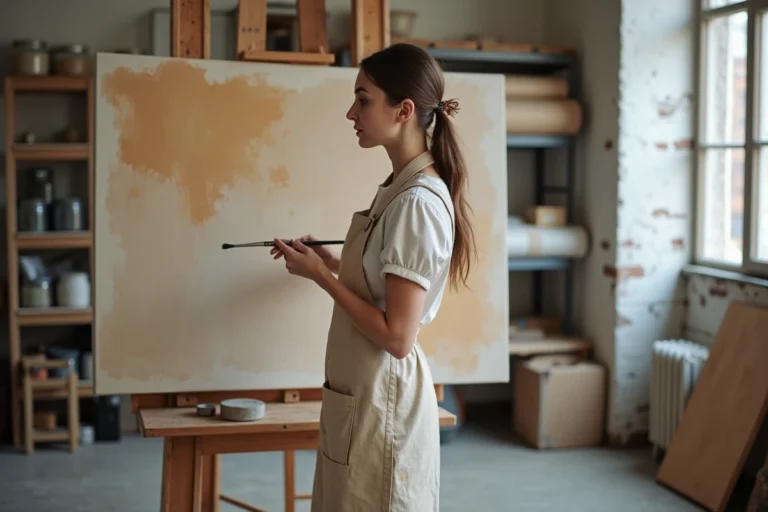 Artiste peintre contemporaine devant une grande toile abstraite dans son atelier industriel