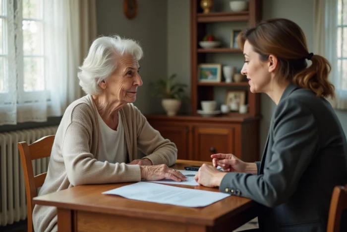Une assistante sociale discute avec une dame âgée dans sa maison au sujet d'une entrée en maison de retraite en Belgique