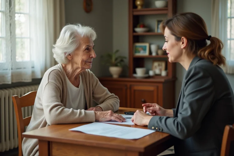Une assistante sociale discute avec une dame âgée dans sa maison au sujet d'une entrée en maison de retraite en Belgique