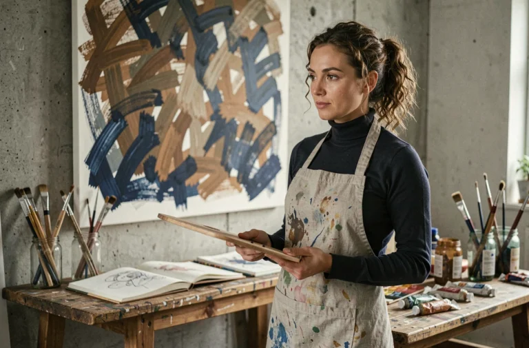 Artiste engagée Astrée Lhermitte-Soka dans son atelier de création, palette à la main devant une grande toile expressive aux tons terreux