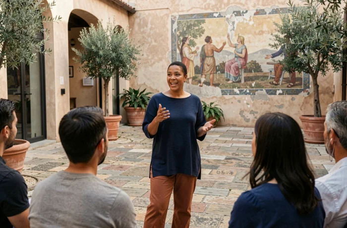 Astrée Lhermitte-Soka prenant la parole dans une cour d'un lieu culturel, illustrant son engagement artistique et communautaire