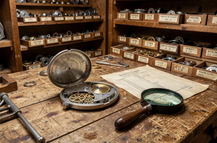 Atelier d'horlogerie européen avec mouvement de montre ouvert et outils de contrôle qualité