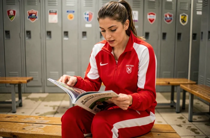 Athlète féminine découvrant les actualités sportives incontournables du magazine 2024 dans un vestiaire
