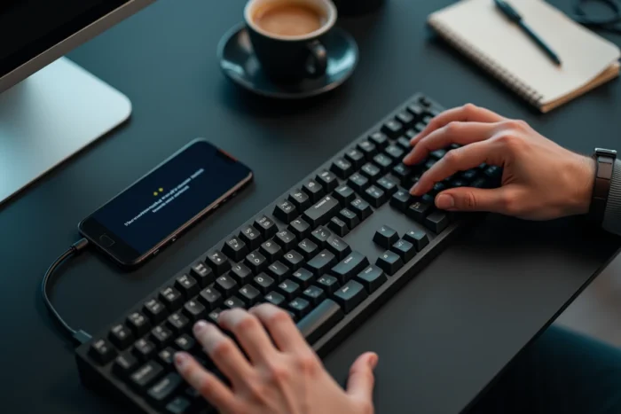 Mains tapant sur un clavier mécanique avec une notification d'authentification à deux facteurs sur smartphone pour sécuriser un compte