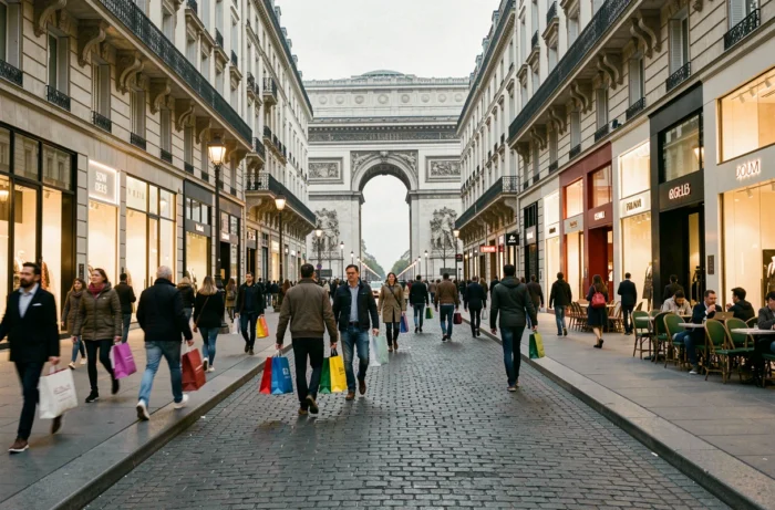 Vue sur l'Avenue des Champs-Élysées avec des boutiques de luxe et des passants portant des sacs de shopping