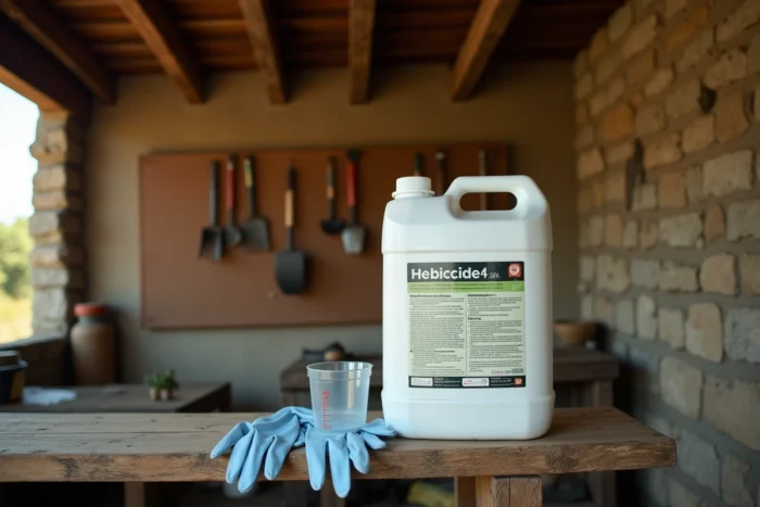 Bidon de glyphosate 5 litres posé sur une étagère en bois dans un hangar agricole espagnol avec gants de protection