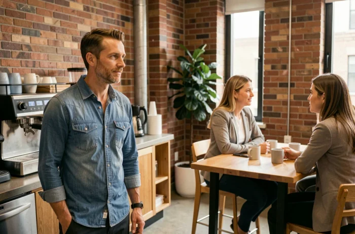 Chef d'équipe observant discrètement deux collègues en conversation dans une salle de pause de bureau au style industriel moderne