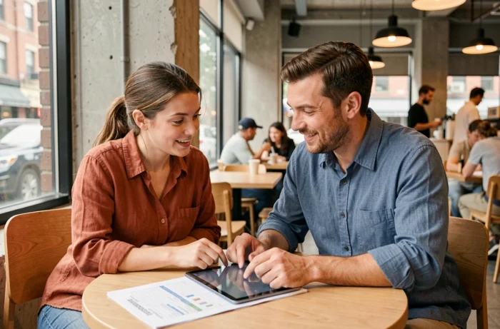 Deux collègues collaborant avec des outils numériques et une liste de tâches imprimée dans un café urbain moderne