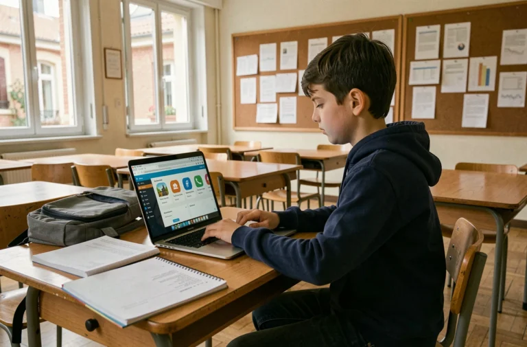 Collégien connecté à l'ENT Néo Yvelines sur un ordinateur portable en salle de classe