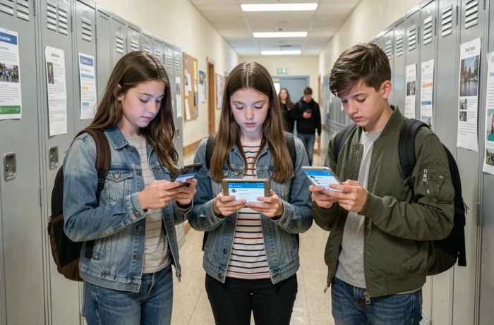 Groupe de collégiens consultant l'ENT Néo Yvelines sur leurs appareils numériques dans un couloir d'école