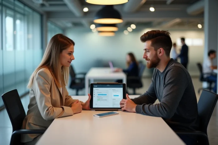 Deux collègues collaborant sur une application de productivité bureautique partagée dans un espace de coworking contemporain