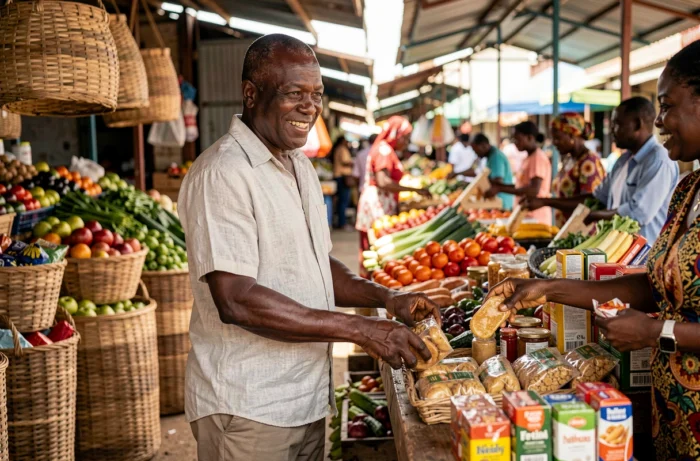 Commerçant ivoirien au marché de Cocody à Abidjan gérant son commerce local, conseils pour réussir son business en Côte d'Ivoire