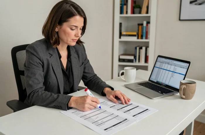 Femme comparant deux devis de travaux à domicile pour évaluer leur fiabilité