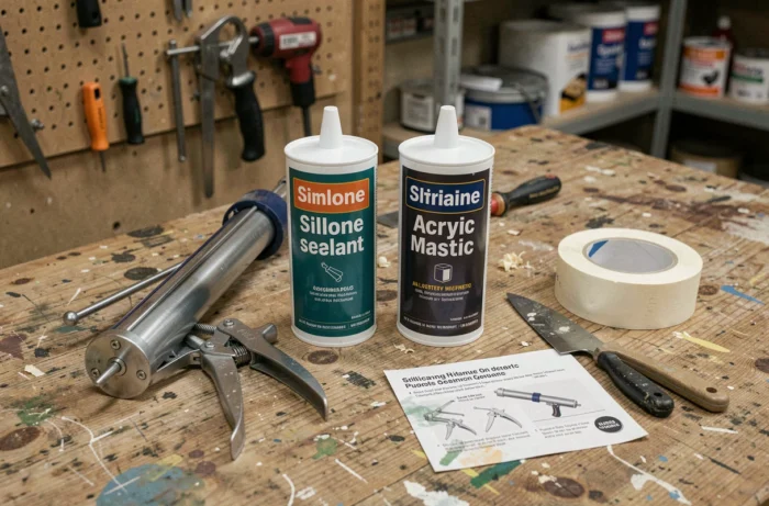 Comparaison entre cartouche de mastic acrylique et silicone pour fenêtre posées sur un établi de bricolage