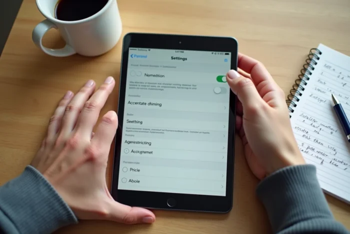 Mains d'un adulte configurant les paramètres de contrôle parental sur une tablette pour protéger les mineurs sur l'application Tarenoi
