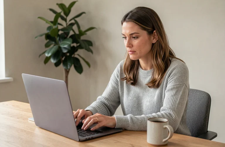 Femme connectée à son espace en ligne Arkevia sur un ordinateur portable dans un bureau à domicile moderne