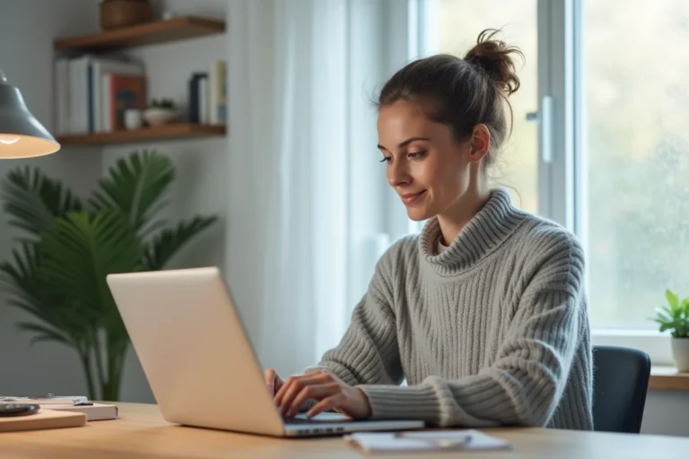 Femme connectée à son espace personnel en ligne sur un laptop depuis un bureau à domicile