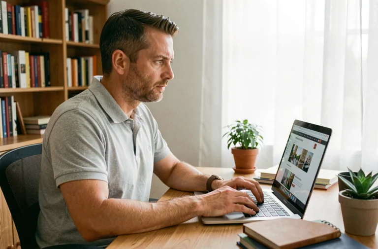 Homme en polo gris connecté à son espace licencié ffgolf sur un ordinateur portable dans un bureau à domicile