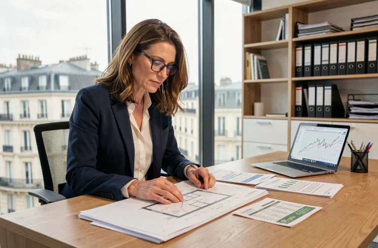 Conseillère immobilière professionnelle analysant des plans et des documents financiers dans un bureau moderne pour un investissement immobilier en 2024
